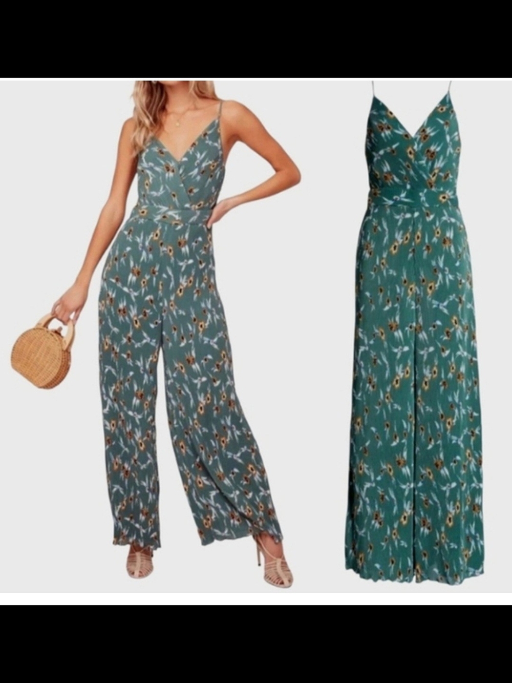 Astr Teal Floral Surplice Wide-Leg Jumpsuit